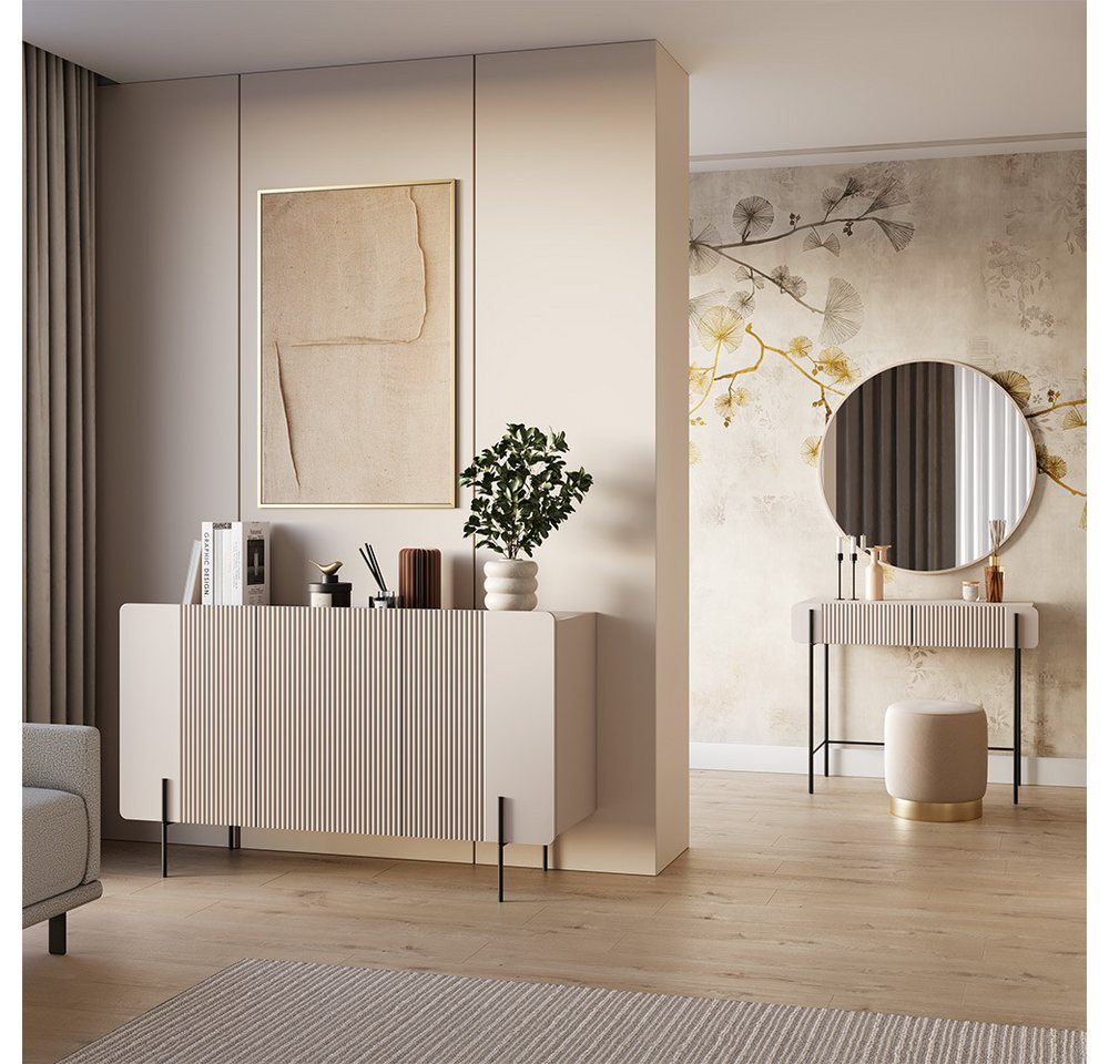 Lomadox Schlafzimmer-Set MEAFORD-141, (Spar-Set, 2-tlg., Kommode Schminktisch), Kaschmir, Rillenfront, Metallbeine schwarz, Softclose-Funktion von Lomadox