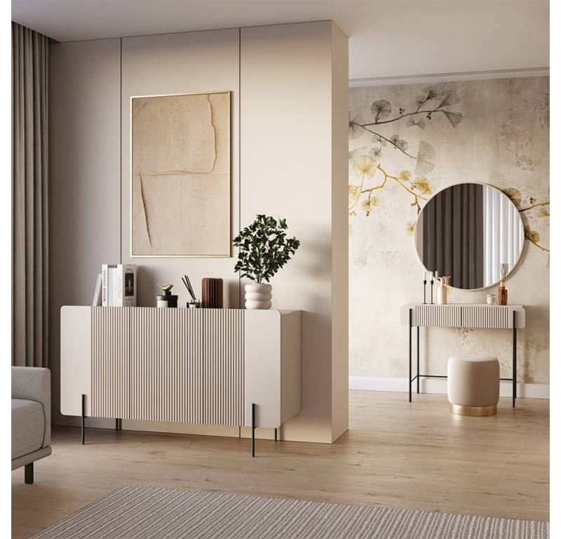 Lomadox Schlafzimmer-Set MEAFORD-141, (Spar-Set, 2-tlg., Kommode Schminktisch), Kaschmir, Rillenfront, Metallbeine schwarz, Softclose-Funktion von Lomadox