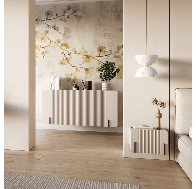 Lomadox Schlafzimmer-Set MEAFORD-141, (Spar-Set, 2-tlg., Nachtschrank Kommode), Kaschmir, Rillenfront, wandhängend, Akzente schwarz von Lomadox