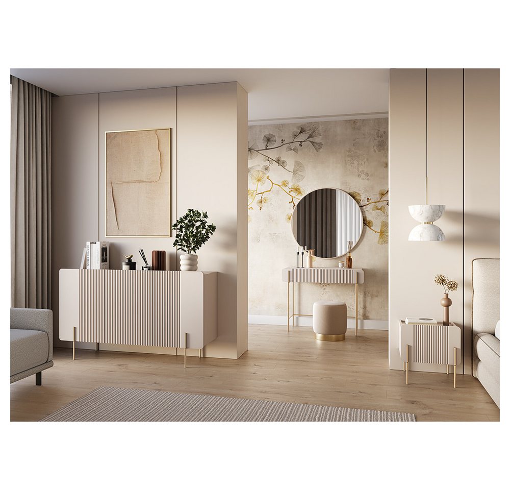 Lomadox Schlafzimmer-Set MEAFORD-141, (Spar-Set, 3-tlg., Kommode Nachschrank Schminktisch), Kaschmir mit goldfarbenen Metallfüße, Rillenfront, griffloses Design von Lomadox