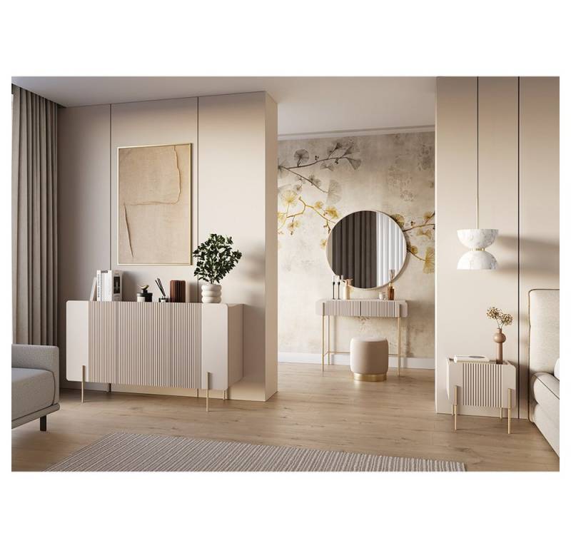 Lomadox Schlafzimmer-Set MEAFORD-141, (Spar-Set, 3-tlg., Kommode Nachschrank Schminktisch), Kaschmir mit goldfarbenen Metallfüße, Rillenfront, griffloses Design von Lomadox