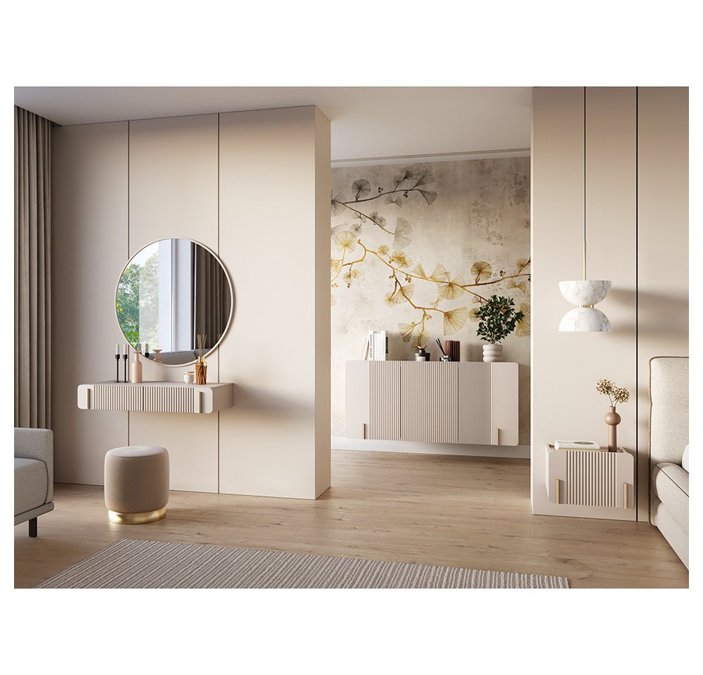 Lomadox Schlafzimmer-Set MEAFORD-141, (Spar-Set, 3-tlg., Kommode Schminktisch Nachtschrank), Kaschmir mit goldfarbenen Akzenten, Rillenfront, griffloses Design von Lomadox