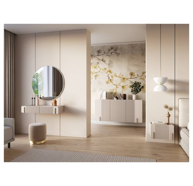 Lomadox Schlafzimmer-Set MEAFORD-141, (Spar-Set, 3-tlg., Kommode Schminktisch Nachtschrank), Kaschmir mit goldfarbenen Akzenten, Rillenfront, griffloses Design von Lomadox