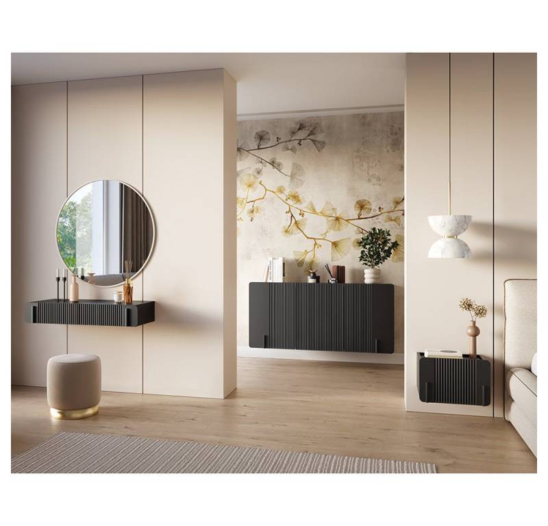 Lomadox Schlafzimmer-Set MEAFORD-141, (Spar-Set, 3-tlg., Schminktisch Kommode Nachtschrank), Schwarz matt, grifflos, Rillenfront, wandhängend von Lomadox