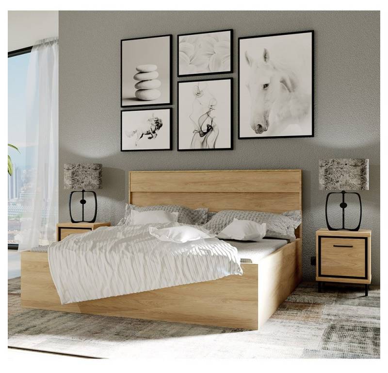 Lomadox Schlafzimmer-Set MEGARA-161, (Spar-Set, 3-tlg., Bett 140x200 cm inkl 2 Nachttischen), Bettgestell Einzelbett modern in braun mit Eiche Hickory Design von Lomadox