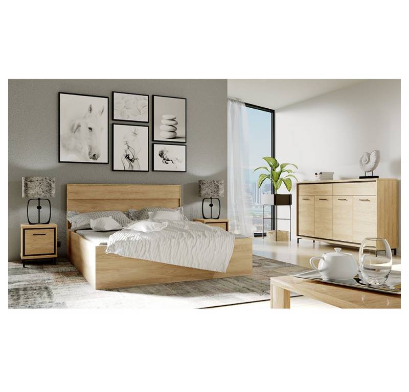 Lomadox Schlafzimmer-Set MEGARA-161, (Spar-Set, 4-tlg., Doppelbett Nachttisch Sideboard), Schlafzimmermöbel Nachtschrank modern in braun Eiche Hickory Design von Lomadox