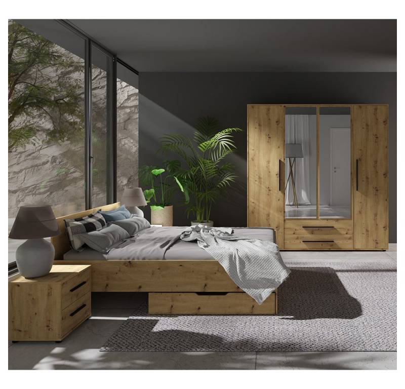 Lomadox Schlafzimmer-Set MOLLERUSA-132, (Spar-Set, 6-tlg., Bett Kleiderschrank Bettschubkästen Nachttische), in Eiche mit schwarzen Griffen, Liegefläche 160x200 cm von Lomadox