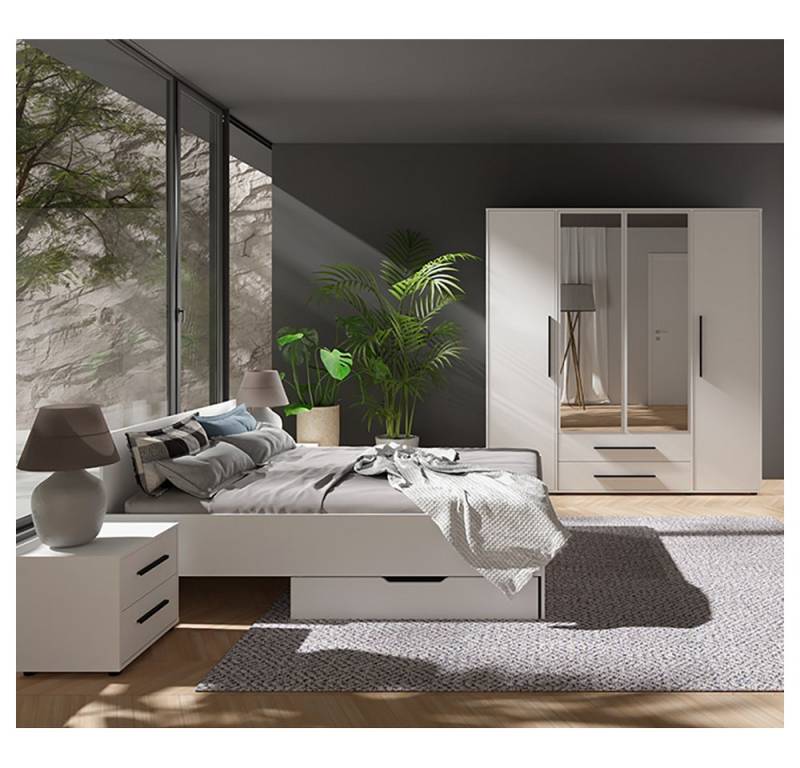 Lomadox Schlafzimmer-Set MOLLERUSA-132, (Spar-Set, 6-tlg., Bett Kleiderschrank Sideboard Bettschubkästen Nachttische), in weiß matt mit schwarzen Griffen, Liegefläche 160x200 cm von Lomadox