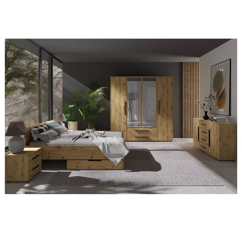 Lomadox Schlafzimmer-Set MOLLERUSA-132, (Spar-Set, 7-tlg., Bett Kleiderschrank Sideboard Bettschubkästen Nachttische), in Eiche mit schwarzen Griffen, Liegefläche 160x200 cm von Lomadox