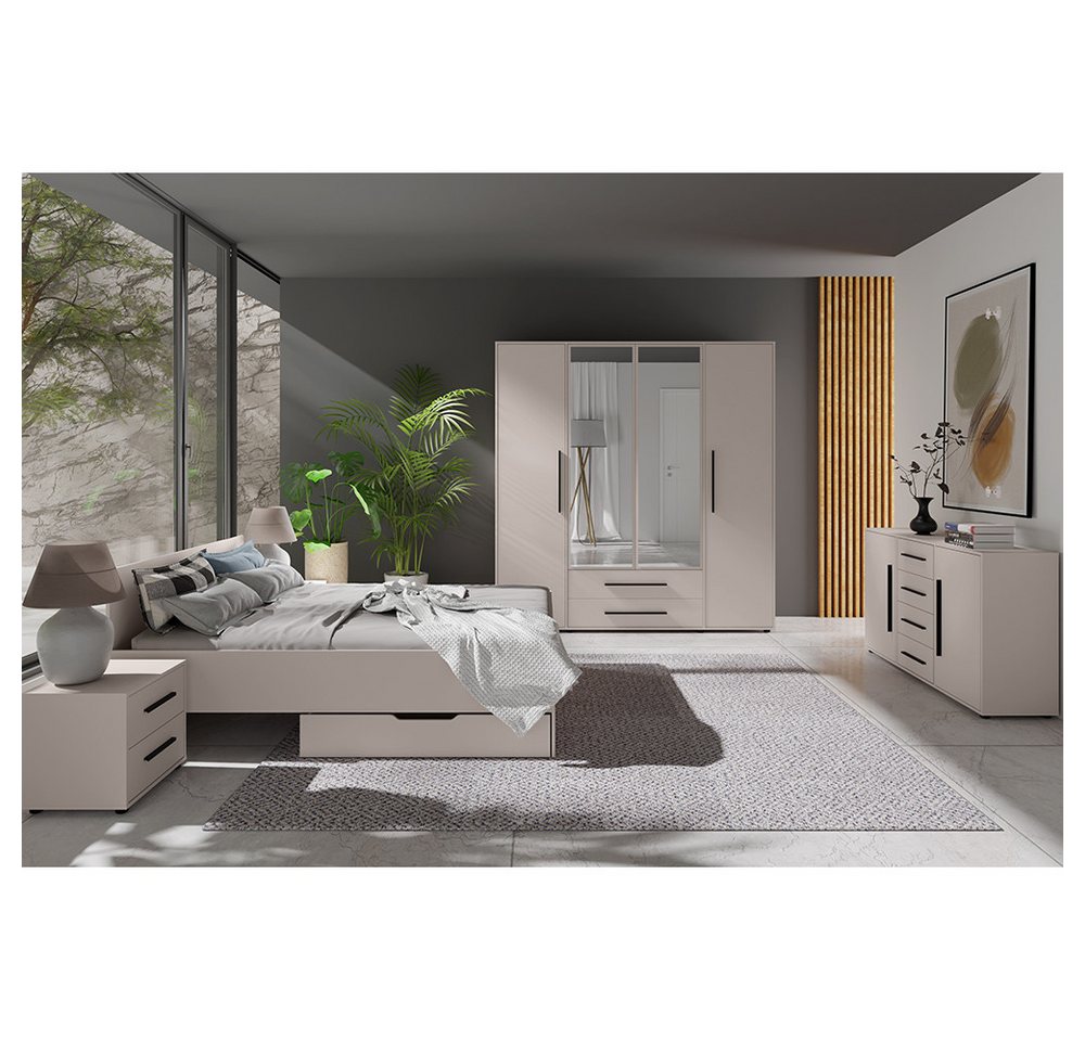 Lomadox Schlafzimmer-Set MOLLERUSA-132, (Spar-Set, 7-tlg., Bett Kleiderschrank Sideboard Bettschubkästen Nachttische), in kaschmir mit schwarzen Griffen, Liegefläche 160x200 cm von Lomadox