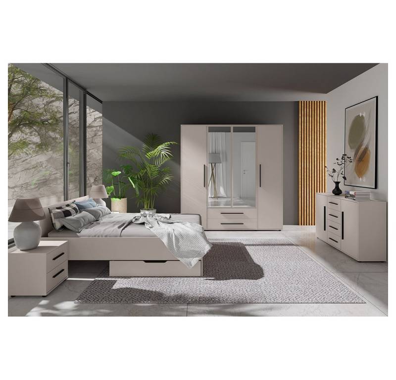 Lomadox Schlafzimmer-Set MOLLERUSA-132, (Spar-Set, 7-tlg., Bett Kleiderschrank Sideboard Bettschubkästen Nachttische), in kaschmir mit schwarzen Griffen, Liegefläche 160x200 cm von Lomadox