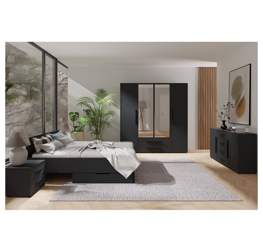 Lomadox Schlafzimmer-Set MOLLERUSA-132, (Spar-Set, 7-tlg., Bett Kleiderschrank Sideboard Bettschubkästen Nachttische), in schwarz matt mit schwarzen Griffen, Liegefläche 160x200 cm von Lomadox