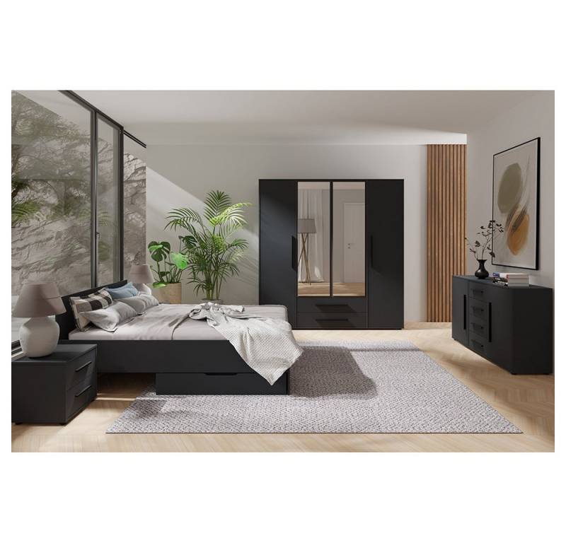 Lomadox Schlafzimmer-Set MOLLERUSA-132, (Spar-Set, 7-tlg., Bett Kleiderschrank Sideboard Bettschubkästen Nachttische), in schwarz matt mit schwarzen Griffen, Liegefläche 160x200 cm von Lomadox