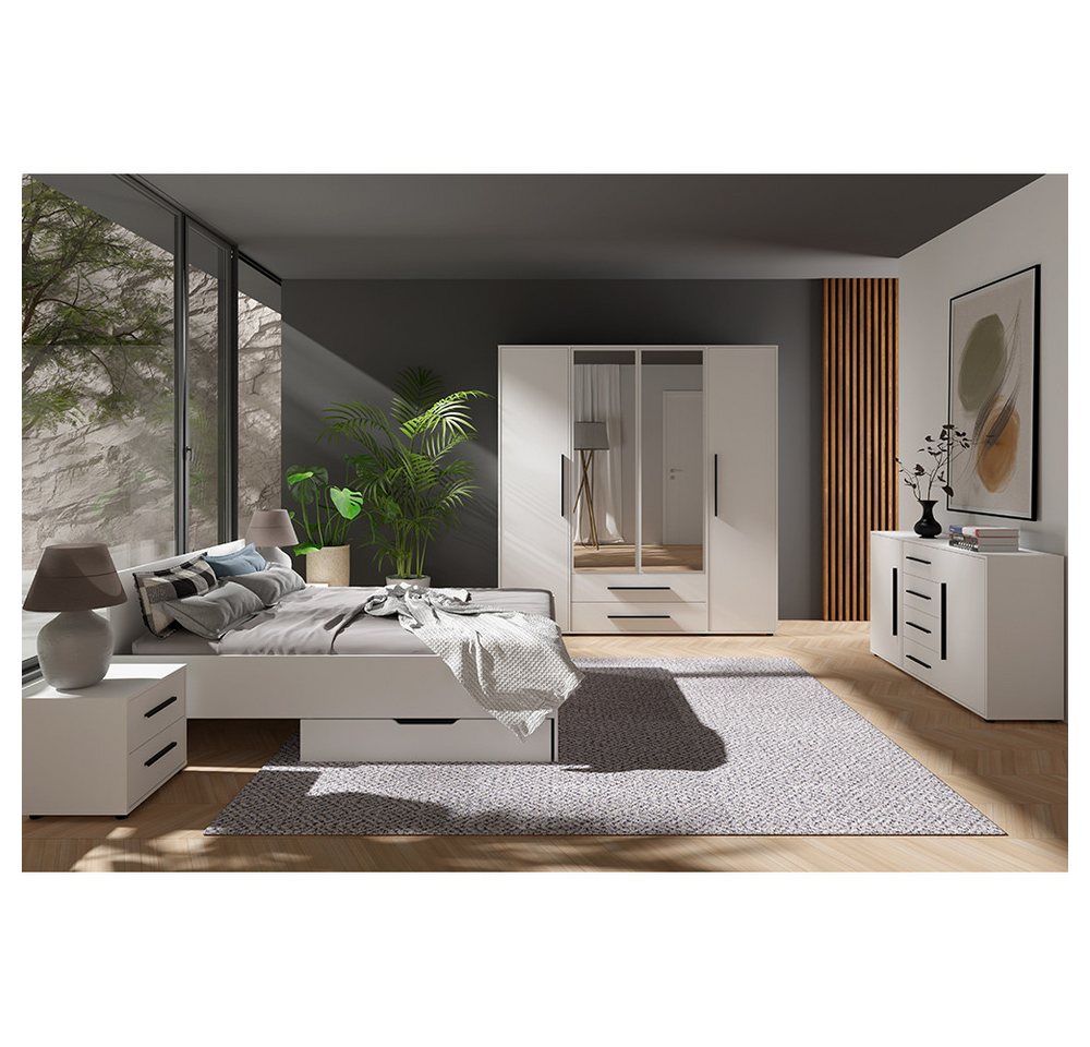 Lomadox Schlafzimmer-Set MOLLERUSA-132, (Spar-Set, 7-tlg., Bett Kleiderschrank Sideboard Bettschubkästen Nachttische), in weiß matt mit schwarzen Griffen, Liegefläche 160x200 cm von Lomadox