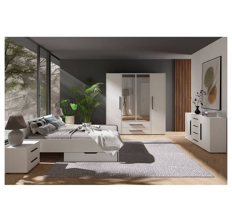 Lomadox Schlafzimmer-Set MOLLERUSA-132, (Spar-Set, 7-tlg., Bett Kleiderschrank Sideboard Bettschubkästen Nachttische), in weiß matt mit schwarzen Griffen, Liegefläche 160x200 cm von Lomadox