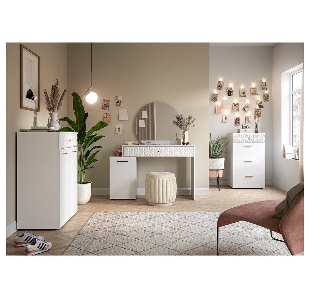Lomadox Schlafzimmer-Set POLLA-158, (Spar-Set, 3-tlg., Kommode Schubladenkommode Schminktisch), Schlafzimmermöbel Set weiß hochglanz inkl. Spiegel von Lomadox