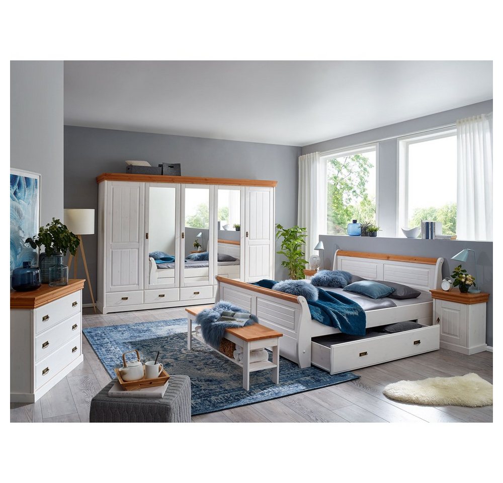 Lomadox Schlafzimmer-Set SAVONA-69, (Spar-Set, 6-St), Kiefer massiv weiß mit honigfarben, Bett, Schrank, Kommode, Bank von Lomadox