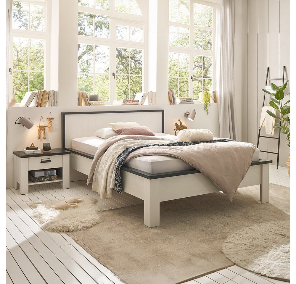 Lomadox Schlafzimmer-Set SHELTON-61, (Spar-Set, 2-St), Bett 140x200cm mit Nachtschrank in Pinie weiß mit grau Schlafzimmer von Lomadox