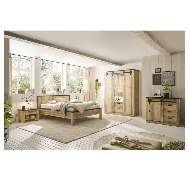 Lomadox Schlafzimmer-Set SHELTON-61, (Spar-Set, 4-tlg), Bett 140x200 und Sideboard in Old Style hell mit anthrazit von Lomadox