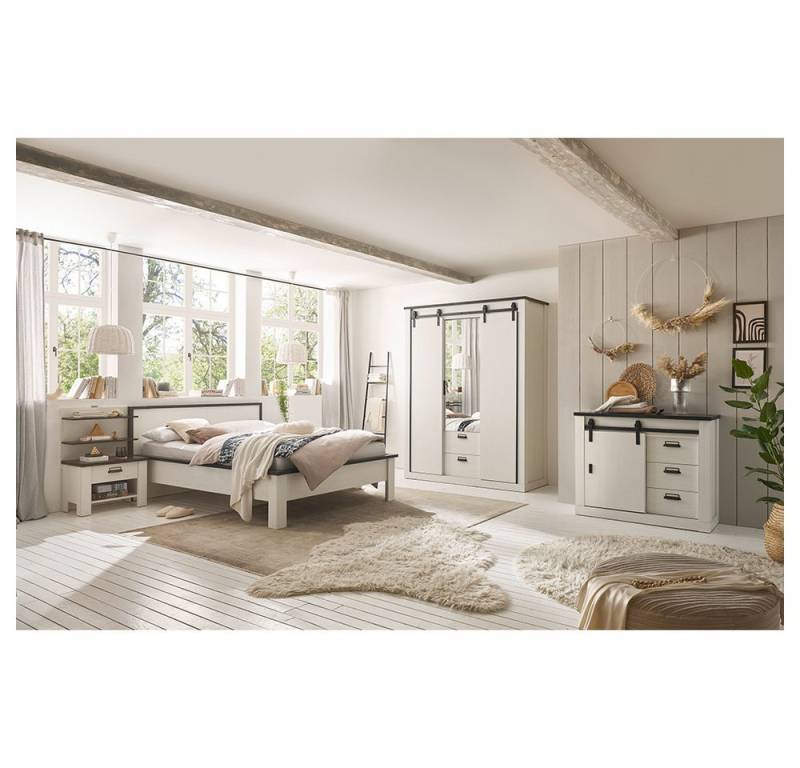 Lomadox Schlafzimmer-Set SHELTON-61, (Spar-Set, 5-tlg), Bett 140x200cm, Kleiderschrank 3-türig, in Pinie weiß mit anthrazit von Lomadox