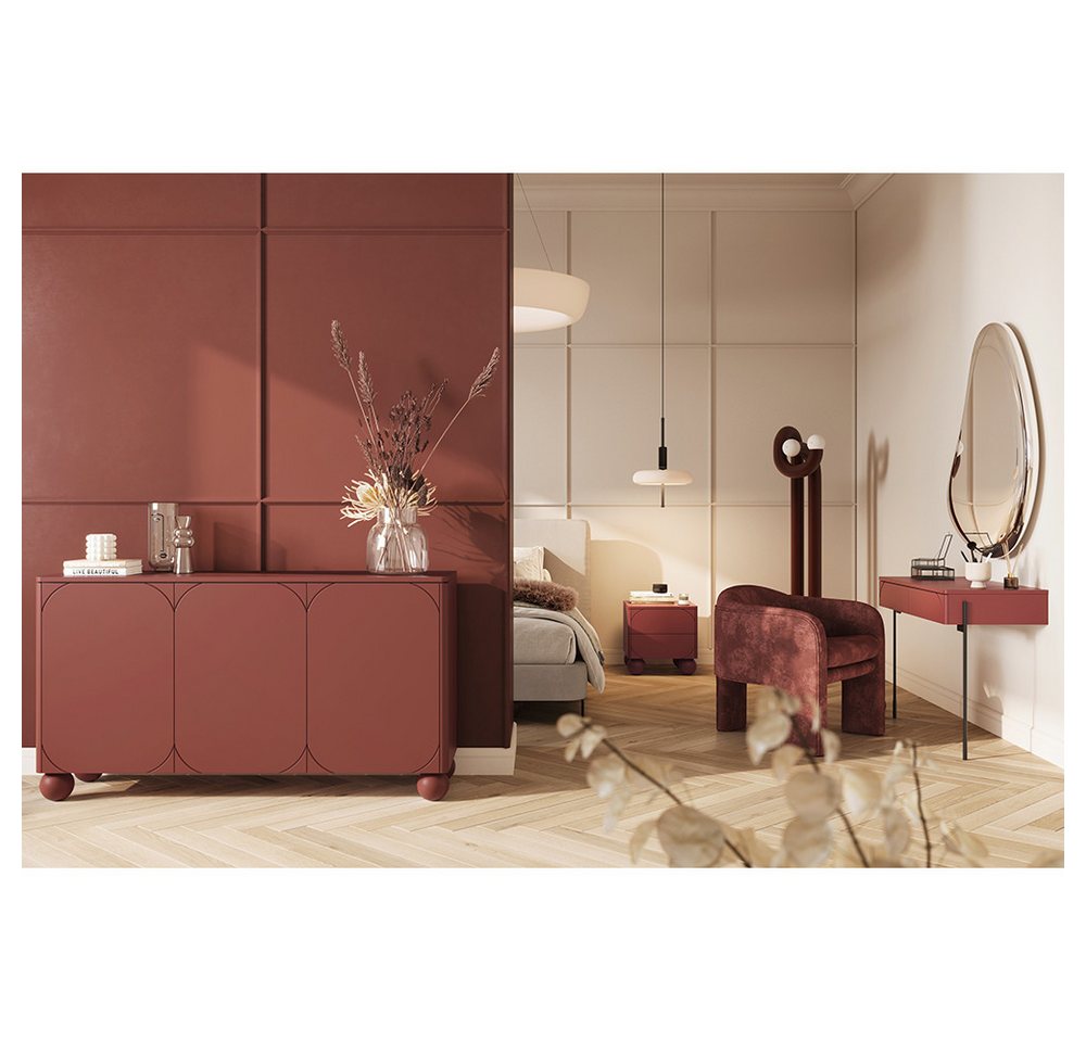 Lomadox Schlafzimmer-Set SPLIT-141, (Spar-Set, 3-tlg., Sideboard Nachtkommode Schminktisch), burgunder rot matt Kugelfüße grifflos Softclose Push-to-open von Lomadox