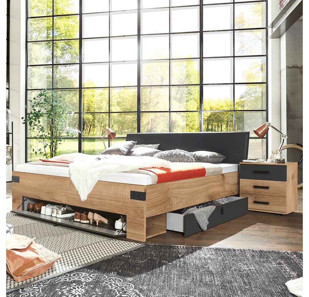 Lomadox Schlafzimmer-Set SUNDERLAND-43, (Spar-Set, 3-tlg., Bettgestell Nachtkommoden (Set), Eiche graphit Liegefläche 180x200cm Bettkästen Nachtschränke von Lomadox
