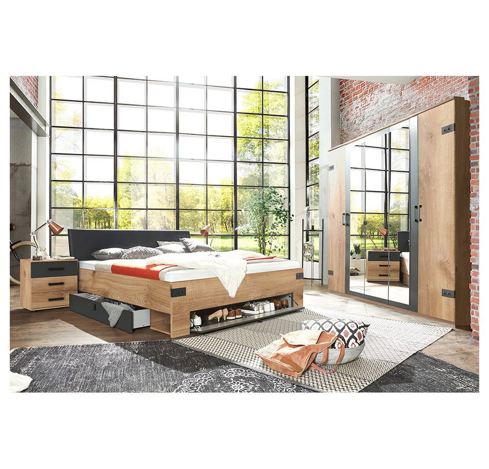 Lomadox Schlafzimmer-Set SUNDERLAND-43, (Spar-Set, 4-tlg., Bettgestell Nachtkommoden (Set) Kleiderschrank), Eiche graphit Liegefläche 180x200cm Nachtschränke Spiegeltürenschrank von Lomadox