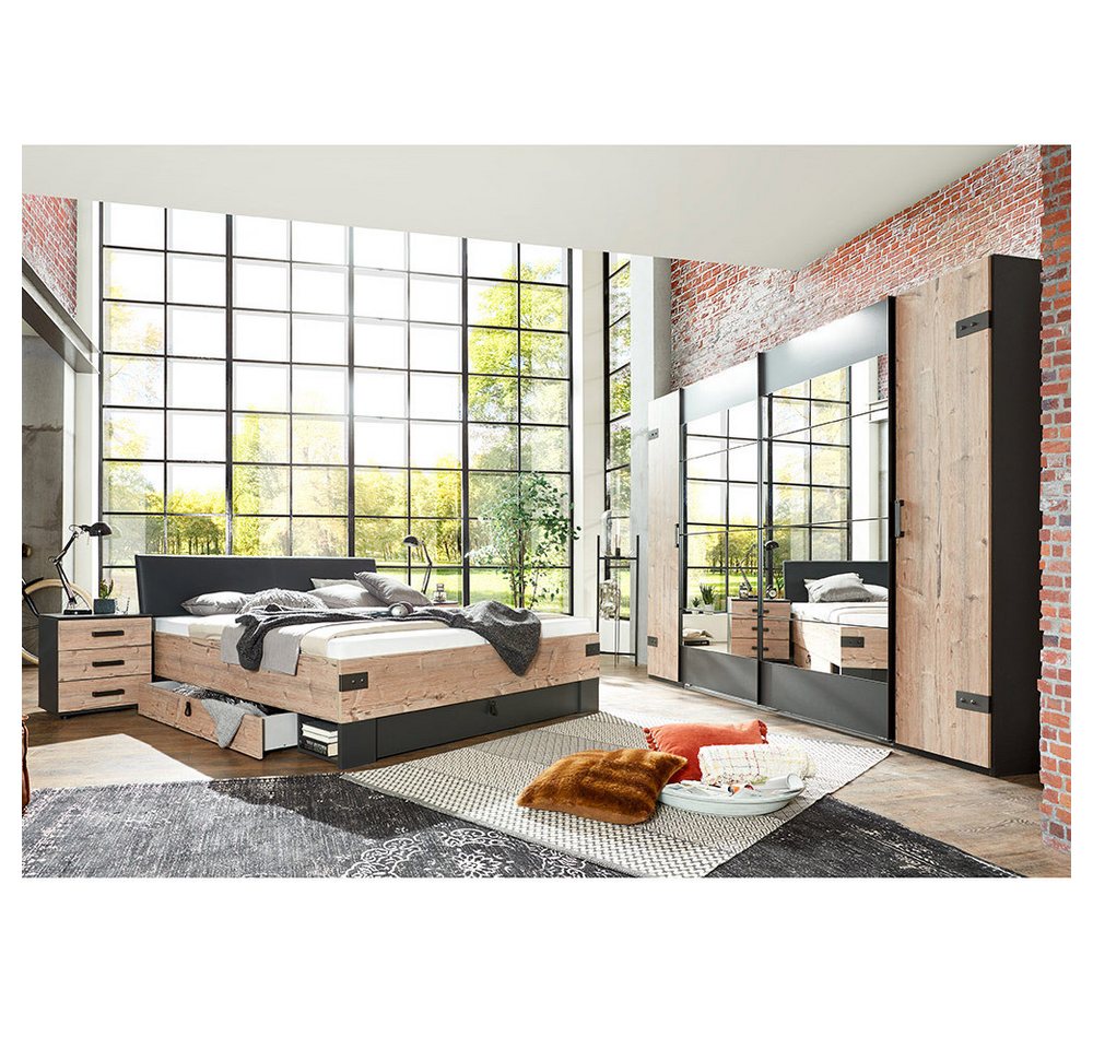 Lomadox Schlafzimmer-Set SUNDERLAND-43, (Spar-Set, 4-tlg., Bettgestell Nachtkommoden (Set) Kleiderschrank), graphit Fichte Liegefläche 180x200cm Nachtschränke Kleiderschrank von Lomadox