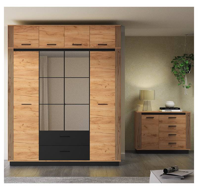 Lomadox Schlafzimmer-Set URBANIA-131, (Spar-Set, 2-tlg., Kleiderschrank Aufsatzschrank Kommode), Schlafzimmermöbel Garderobenschrank Sideboard modern Eiche mit schwarz von Lomadox