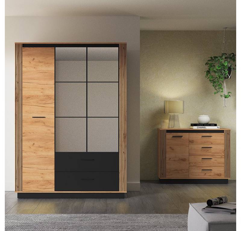 Lomadox Schlafzimmer-Set URBANIA-131, (Spar-Set, 2-tlg., Kleiderschrank Kommode), Schlafzimmermöbel Garderobenschrank Sideboard modern Eiche mit schwarz von Lomadox