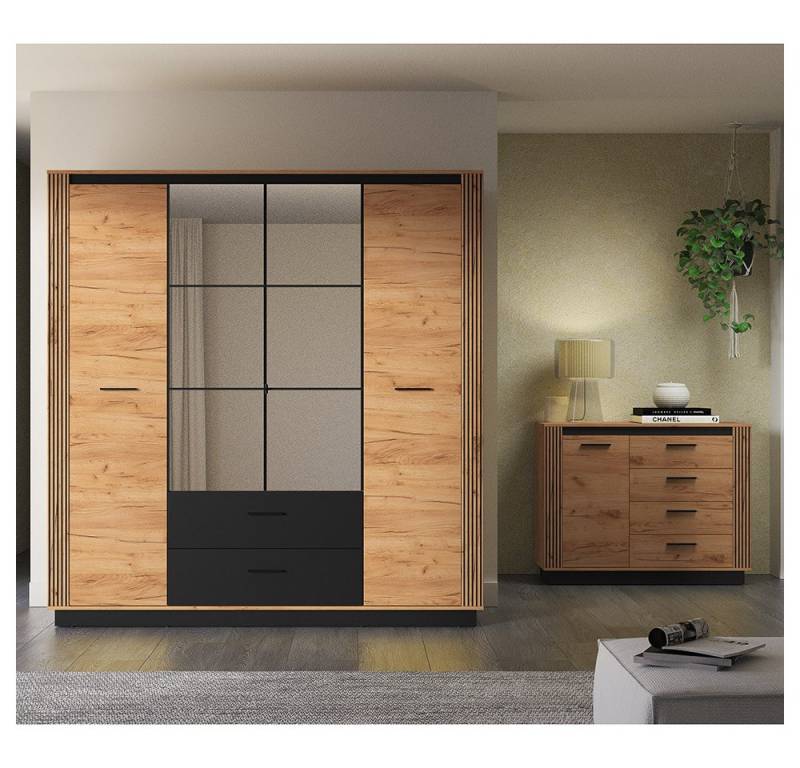 Lomadox Schlafzimmer-Set URBANIA-131, (Spar-Set, 2-tlg., Kleiderschrank Kommode), Schlafzimmermöbel Garderobenschrank Sideboard modern Eiche mit schwarz von Lomadox