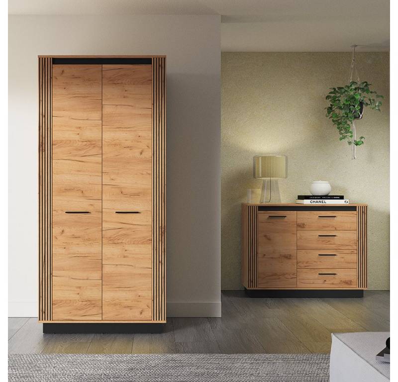 Lomadox Schlafzimmer-Set URBANIA-131, (Spar-Set, 2-tlg., Kleiderschrank Kommode), Schlafzimmermöbel Garderobenschrank Sideboard modern Eiche mit schwarz von Lomadox