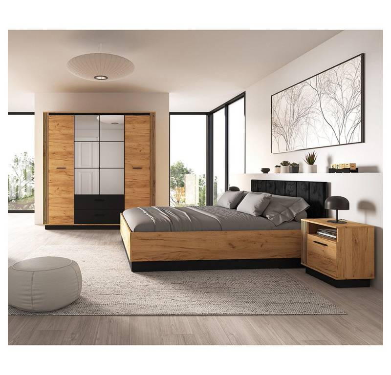Lomadox Schlafzimmer-Set URBANIA-131, (Spar-Set, 3-tlg., Kleiderschrank Bett Nachttische), Schlafzimmermöbel Komplettset inkl. Bett 140x200 cm Eiche mit schwarz von Lomadox