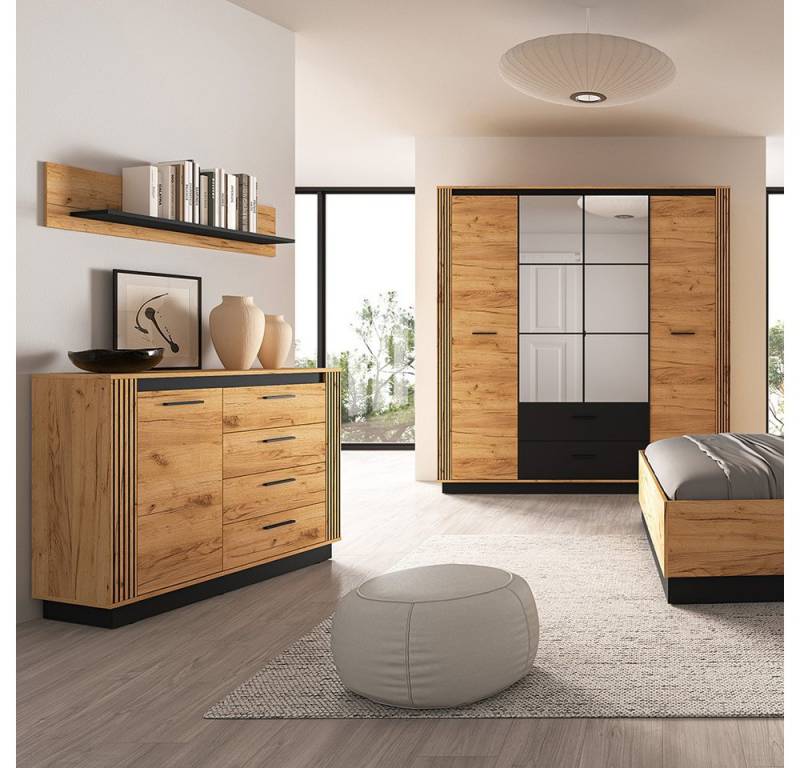 Lomadox Schlafzimmer-Set URBANIA-131, (Spar-Set, 3-tlg., Kleiderschrank Kommode Wandregal), Schlafzimmermöbel Garderobenschrank Schrank cm in Eiche mit schwarz von Lomadox