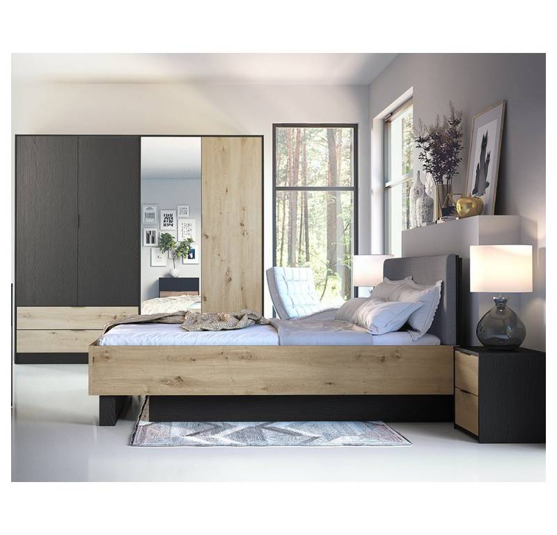 Lomadox Schlafzimmer-Set UTRECHT-166, (Spar-Set, 4-tlg., Bettgestell Nachttische Kleiderschrank), in Eiche und graphit, Bett 160x200cm, aufklappbares Lattenrost von Lomadox