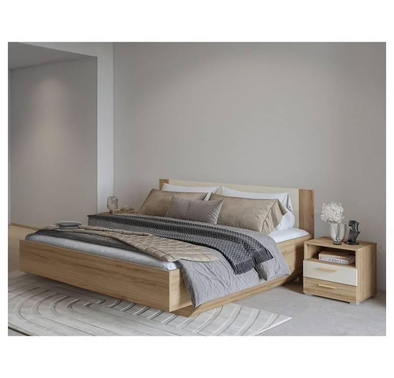 Lomadox Schlafzimmer-Set VARESE-83, (Spar-Set, 3-tlg., Bettgestell Nachtschränke), Eiche mit beige 180x200cm Liegefläche 2er Set Nachttisch von Lomadox