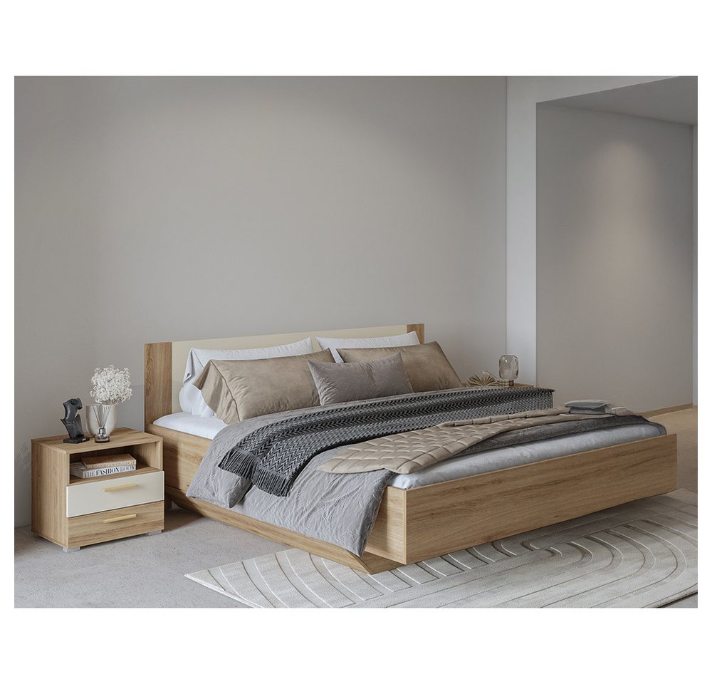 Lomadox Schlafzimmer-Set VARESE-83, (Spar-Set, 3-tlg., Bettgestell klappbarer Lattenrost Nachtschränke), Eiche beige inkl. Lattenrost 180x200cm Liegefläche 2er Set Nachttisch von Lomadox
