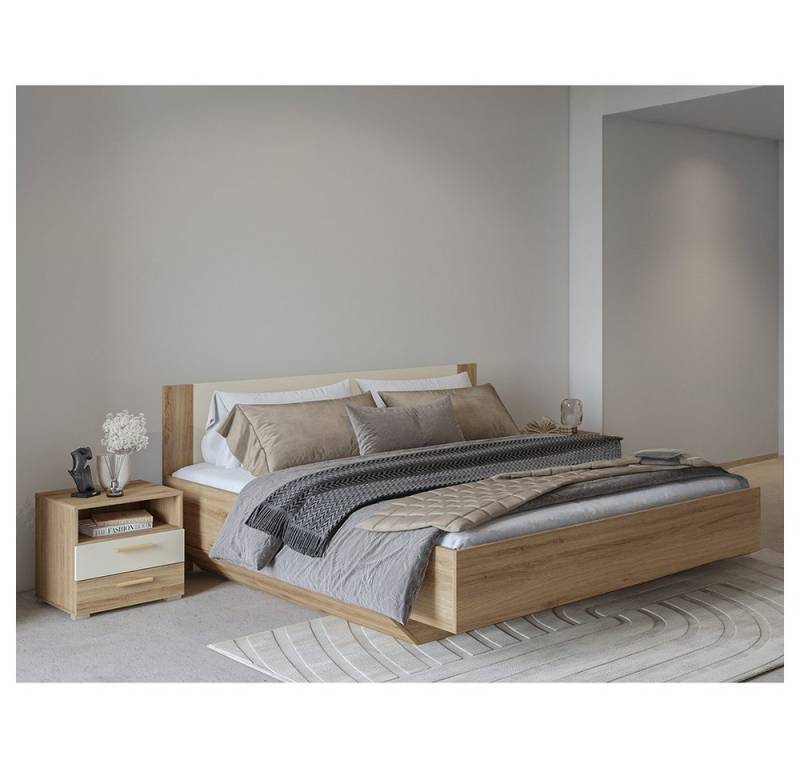 Lomadox Schlafzimmer-Set VARESE-83, (Spar-Set, 3-tlg., Bettgestell klappbarer Lattenrost Nachtschränke), Eiche beige inkl. Lattenrost 180x200cm Liegefläche 2er Set Nachttisch von Lomadox