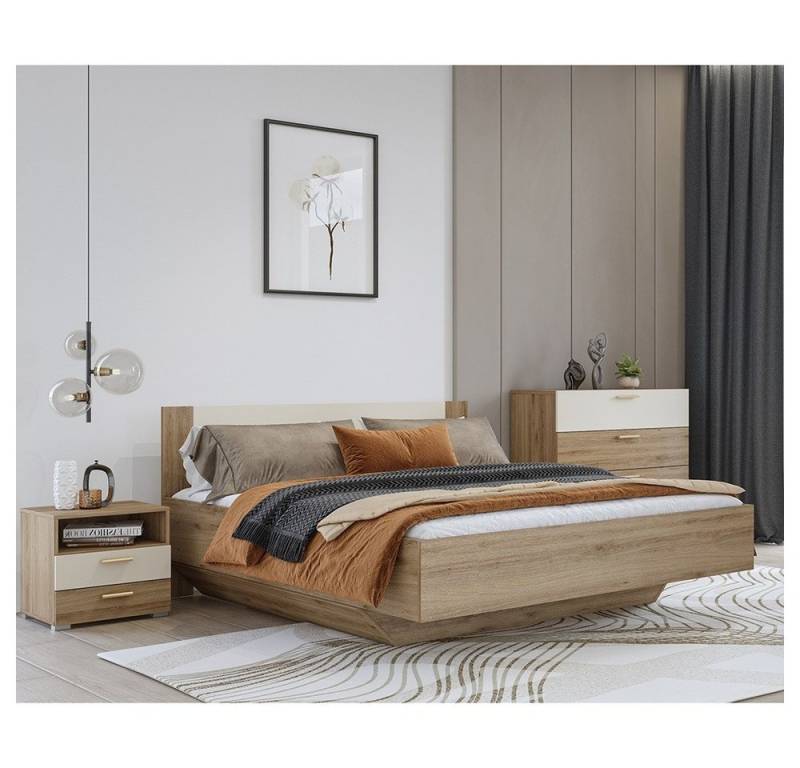 Lomadox Schlafzimmer-Set VARESE-83, (Spar-Set, 3-tlg., Kommode Bettgestell Nachtkommode), Eiche mit beige modern 160x200cm Liegefläche Griffe goldfarben von Lomadox