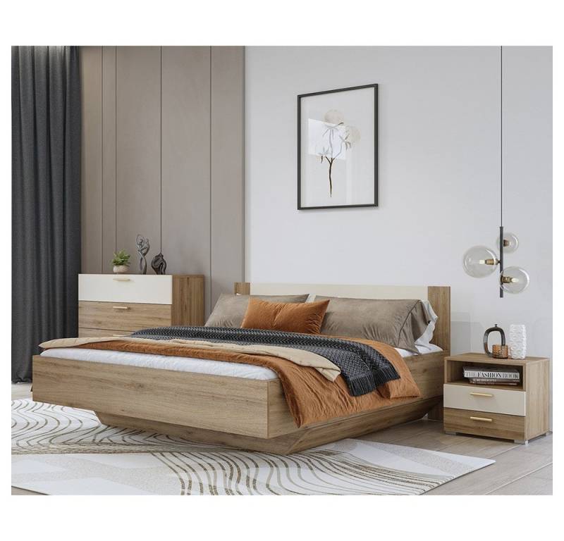 Lomadox Schlafzimmer-Set VARESE-83, (Spar-Set, 3-tlg., Kommode Bettgestell Nachtkommode), Eiche mit beige modern 180x200cm Liegefläche Griffe in goldfarben von Lomadox