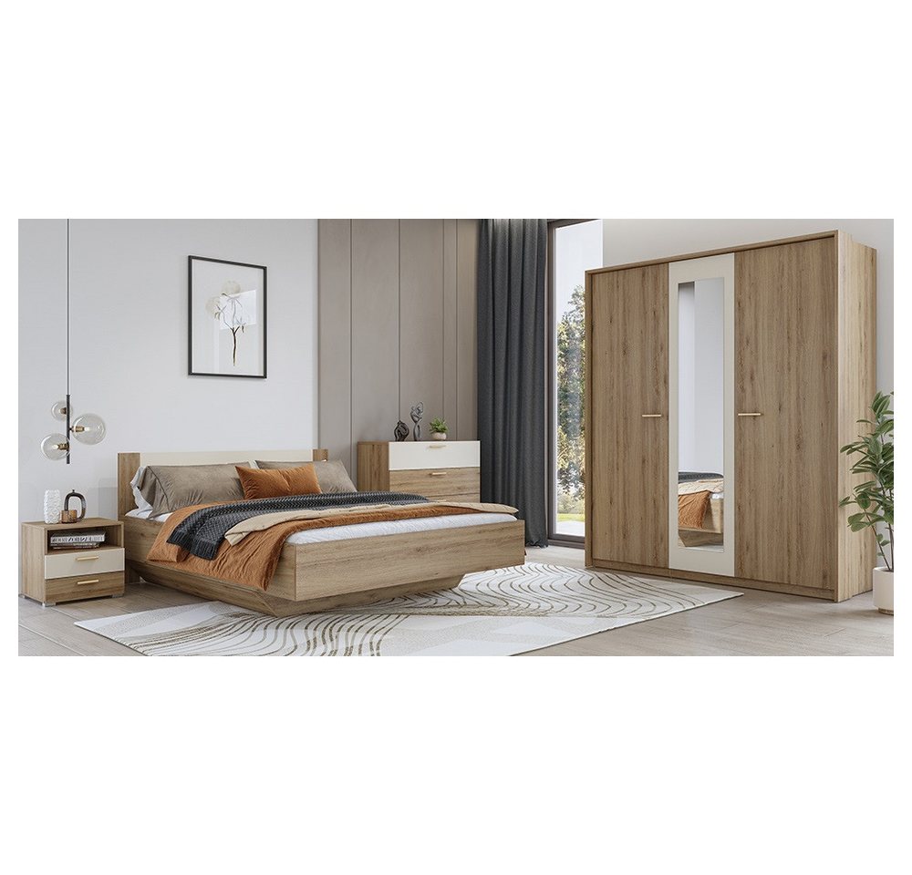 Lomadox Schlafzimmer-Set VARESE-83, (Spar-Set, 4-tlg., Bettgestell Kommode Nachtkommode Kleiderschrank Passepartout Rahmen), Eiche mit beige 160x200cm Liegefläche modern Griffe goldfarben von Lomadox