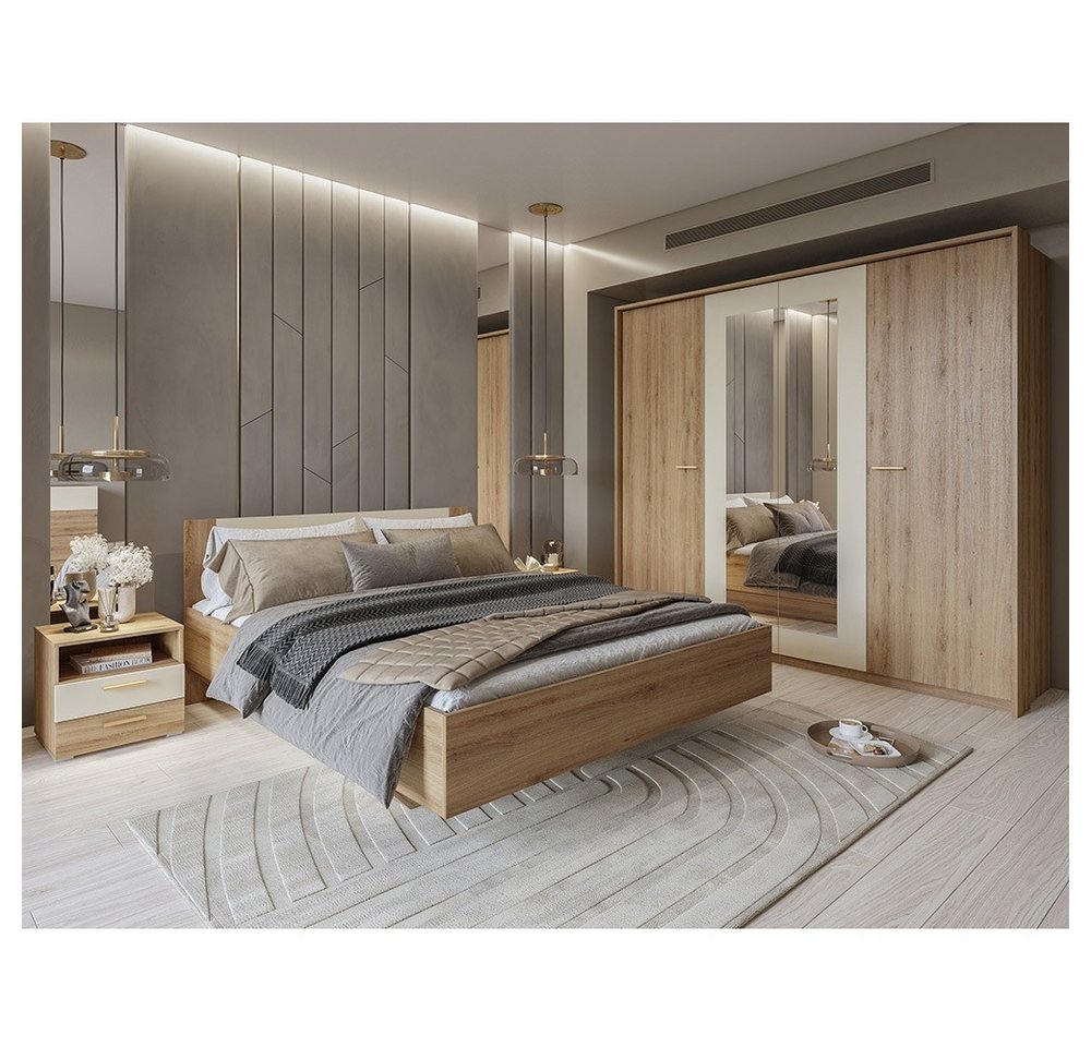 Lomadox Schlafzimmer-Set VARESE-83, (Spar-Set, 4-tlg., Bettgestell Nachtschänke Kleiderschrank Passepartout Rahmen), Eiche mit beige 180x200cm Liegefläche 2er Set Nachtkommoden von Lomadox