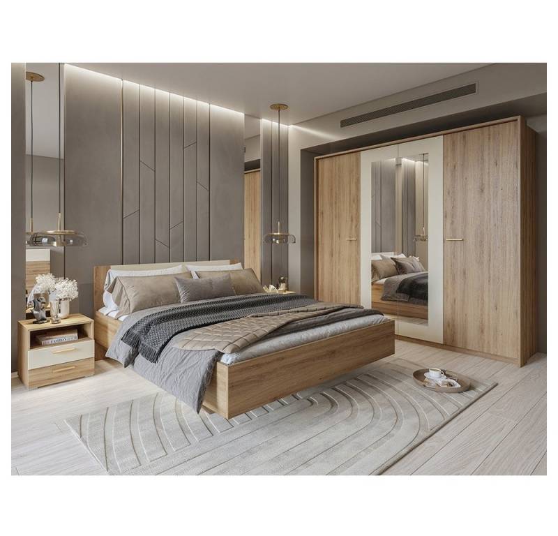 Lomadox Schlafzimmer-Set VARESE-83, (Spar-Set, 4-tlg., Bettgestell Nachtschänke Kleiderschrank Passepartout Rahmen), Eiche mit beige 180x200cm Liegefläche 2er Set Nachtkommoden von Lomadox