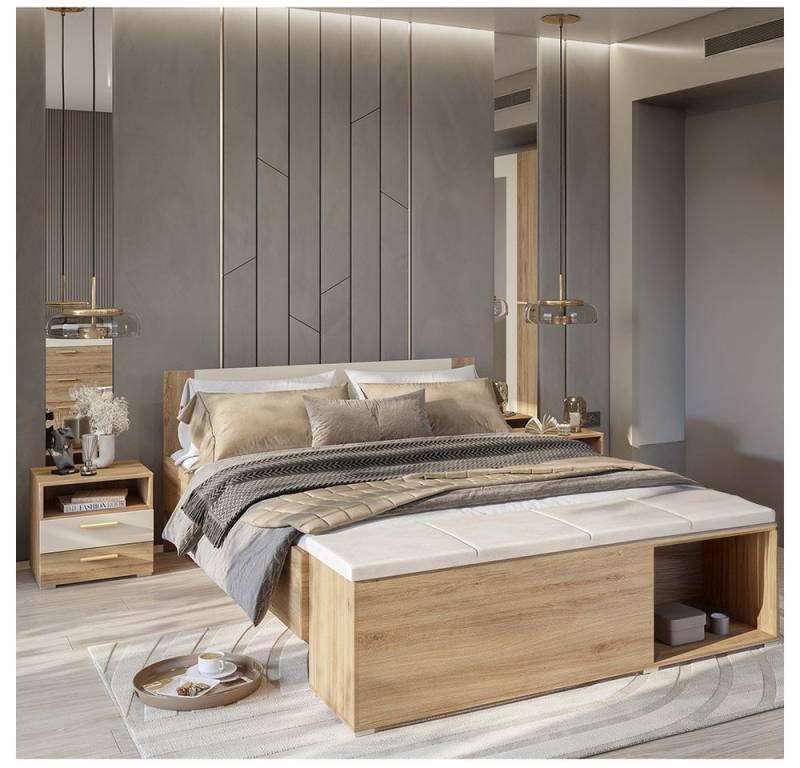 Lomadox Schlafzimmer-Set VARESE-83, (Spar-Set, 4-tlg., Bettgestell klappbarer Lattenrost Sitztruhe Nachtschränke), Eiche mit beige inkl. Lattenrost Bettkasten 160x200cm Liegefläche von Lomadox