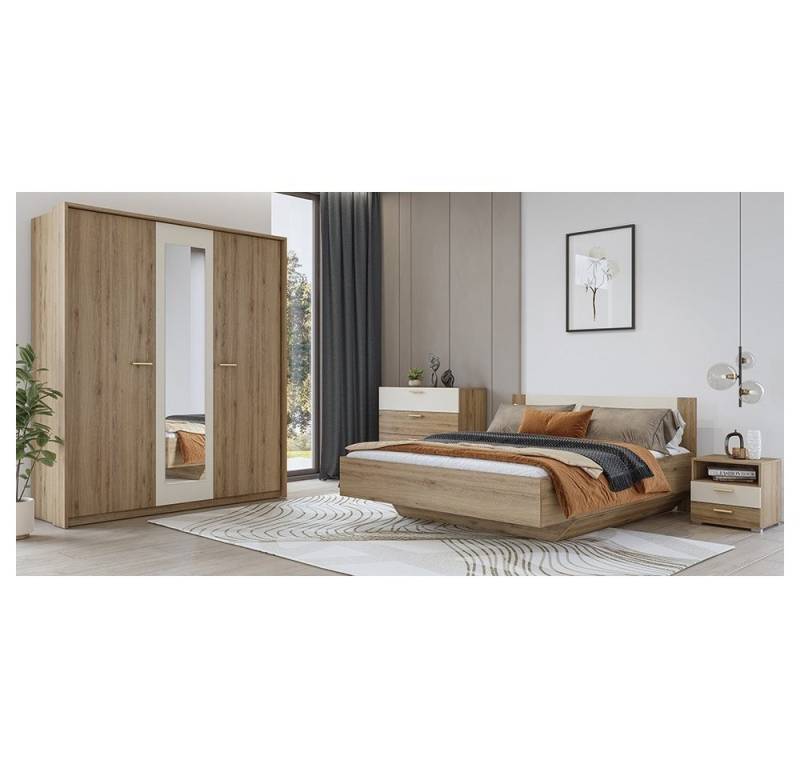 Lomadox Schlafzimmer-Set VARESE-83, (Spar-Set, 4-tlg., Kleiderschrank Passepartout Rahmen Bettgestell Kommode Nachtkommode), Eiche mit beige modern 180x200cm Liegefläche goldfarbene Griffe von Lomadox