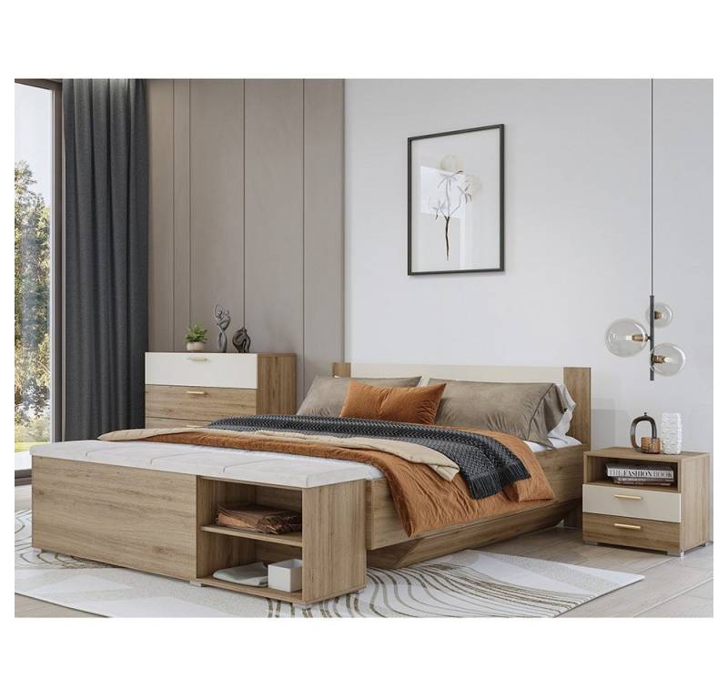 Lomadox Schlafzimmer-Set VARESE-83, (Spar-Set, 4-tlg., Kommode Bettgestell Sitztruhe Nachtkommode), Eiche mit beige modern 160x200cm Liegefläche Griffe goldfarben von Lomadox