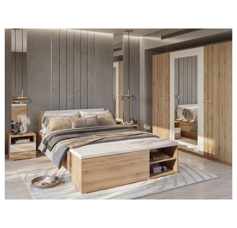 Lomadox Schlafzimmer-Set VARESE-83, (Spar-Set, 5-tlg., Bettgestell Nachtschränke Sitztruhe Kleiderschrank), Eiche mit beige 160x200cm Liegefläche Griffe goldfarben modern von Lomadox
