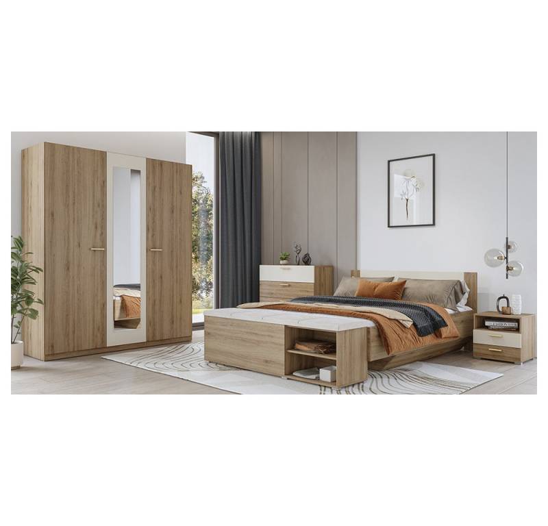 Lomadox Schlafzimmer-Set VARESE-83, (Spar-Set, 5-tlg., Kleiderschrank Kommode Bettgestell Sitztruhe Nachtkommode), Eiche mit beige 160x200cm Liegefläche inkl. Truhenbank modern von Lomadox