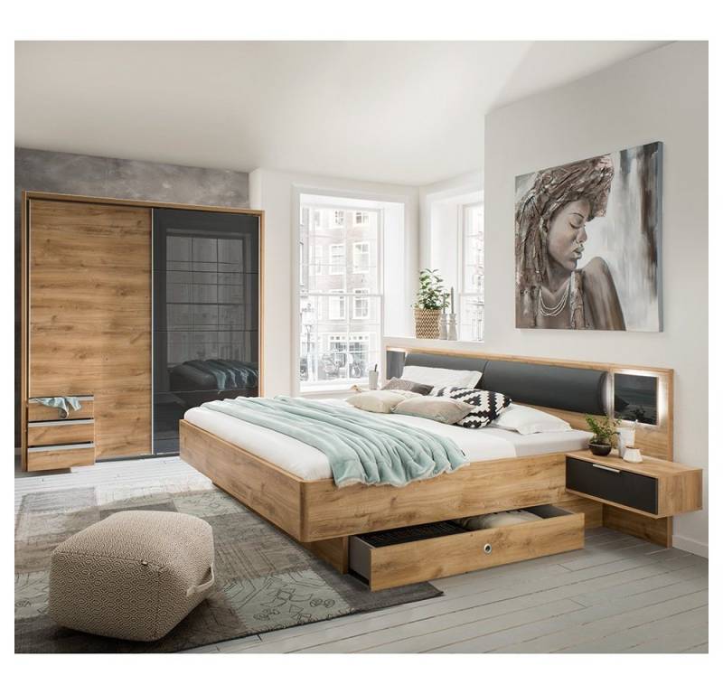 Lomadox Schlafzimmer-Set VIESTE-43, (Spar-Set, 4-St), mit Bett 180x200, graphit mit Eiche von Lomadox