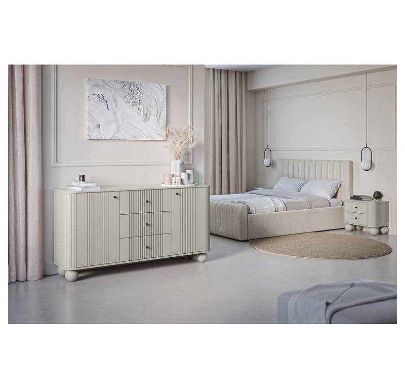 Lomadox Schlafzimmer-Set VIRGINIA-141, (Spar-Set, 3-tlg., Kommode Nachttische), kaschmir, schwarze Griffe, Kugelfüße, gerillte Frontstruktur von Lomadox